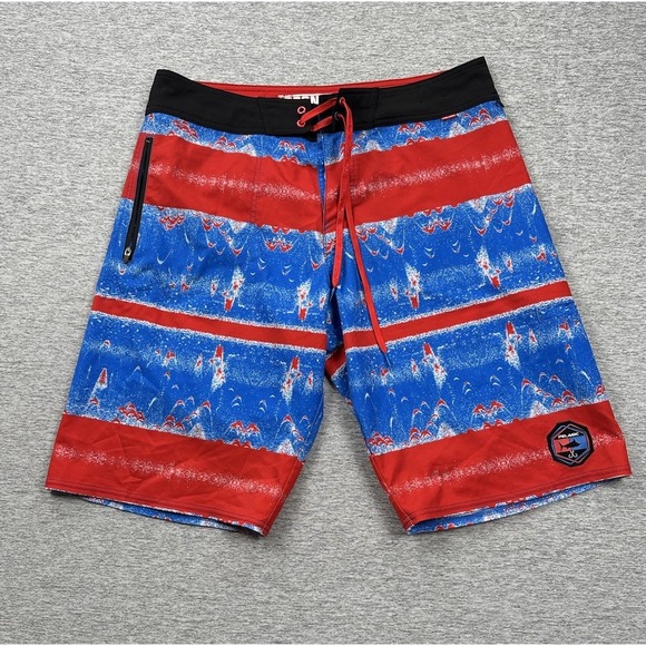Pelagic Board Shorts Mens 34 Blue Red Argonaut Stretch Beach Surf Swim Fish - Picture 1 of 8